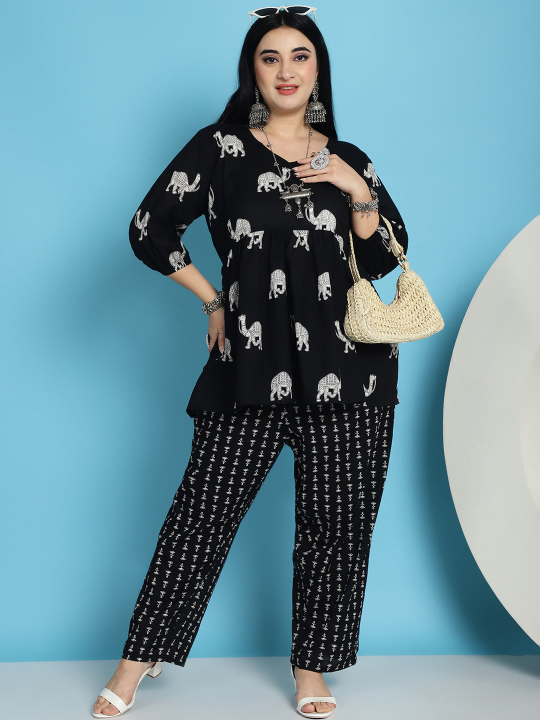 Plus Size Black Camel Print Cotton Peplum With Pant Set