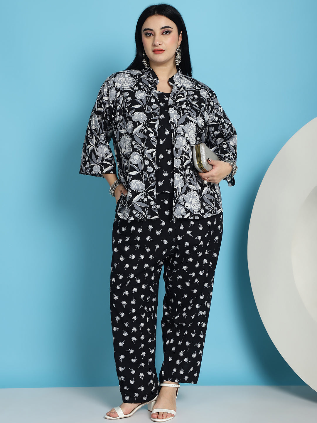 Plus Size Black Floral Print Cotton Slip And Shrug With Pant Set