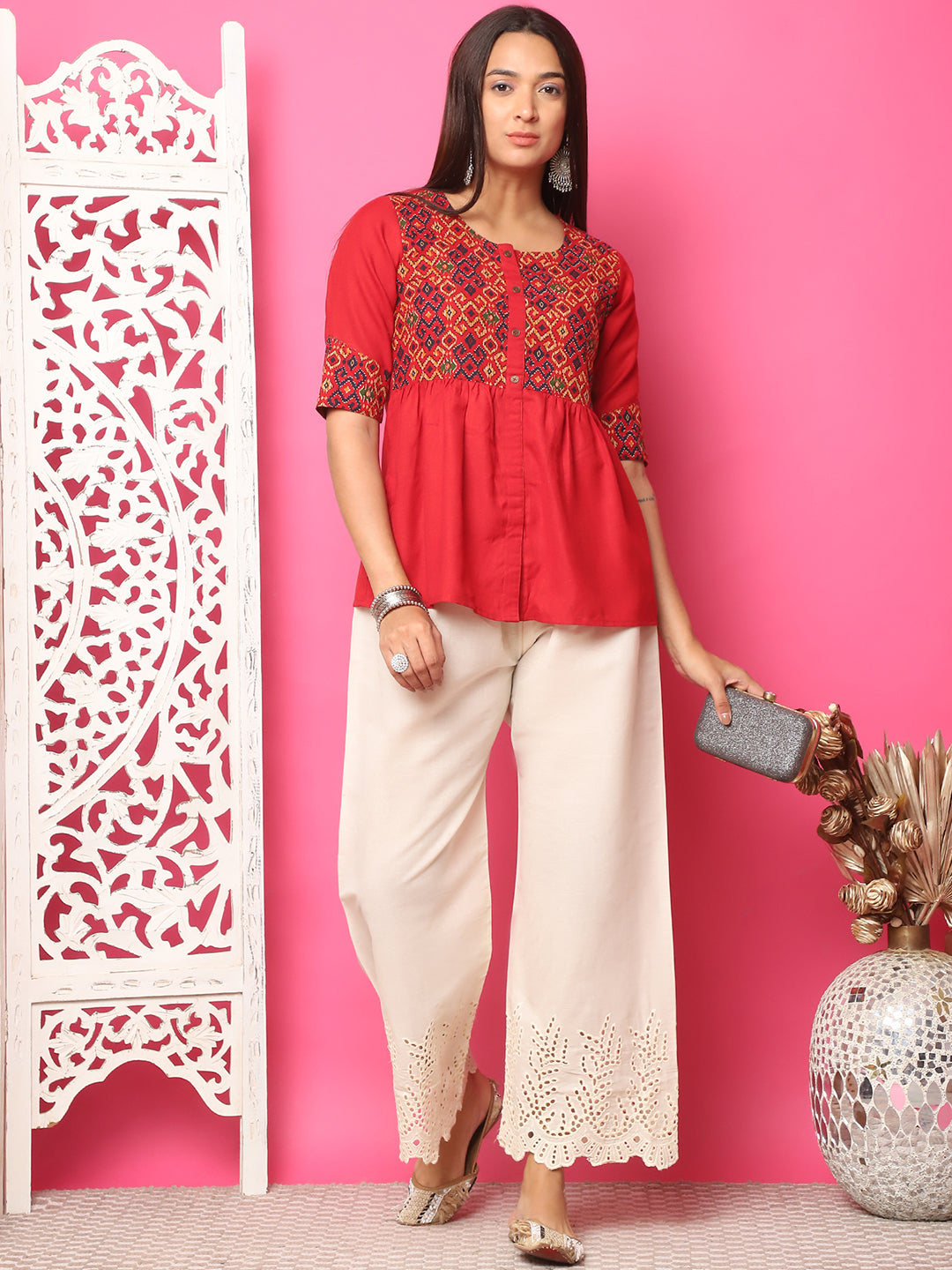 Cream Cactus Schiffli Cotton Palazzo