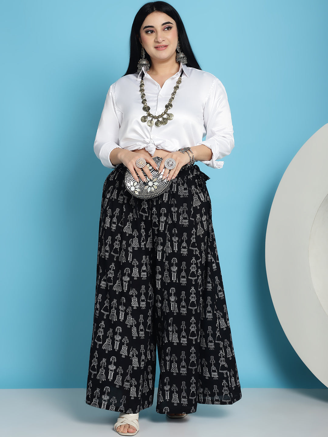 Black Warli Print Cotton Flared Kali Palazzo