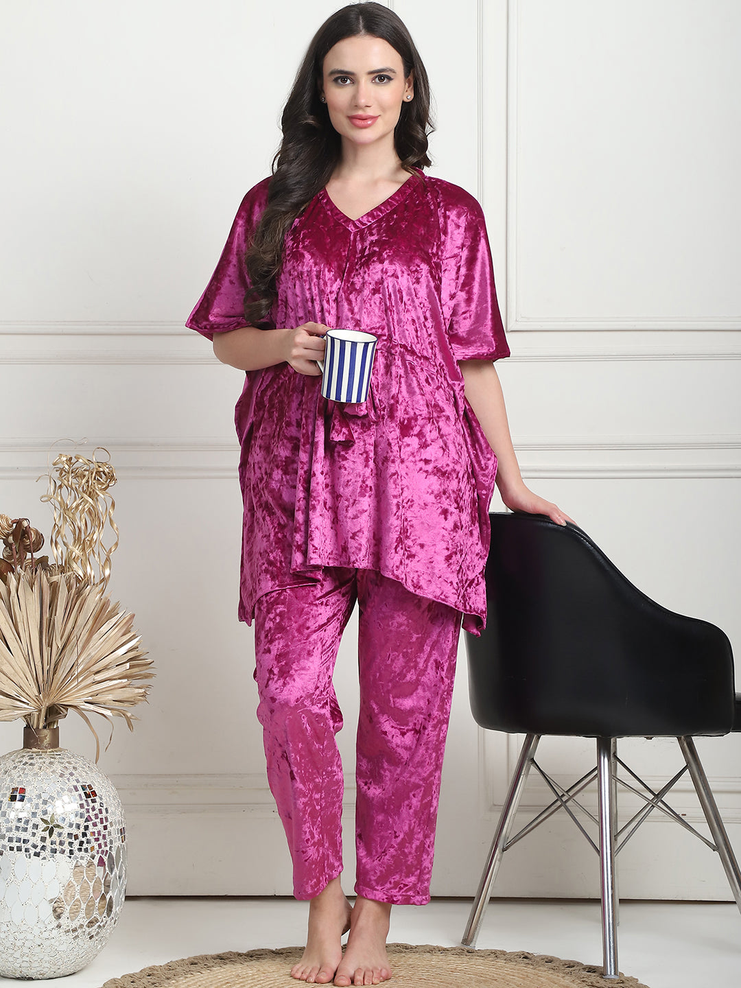 Metallic Pink Ice Velvet Kaftan Lounge Set