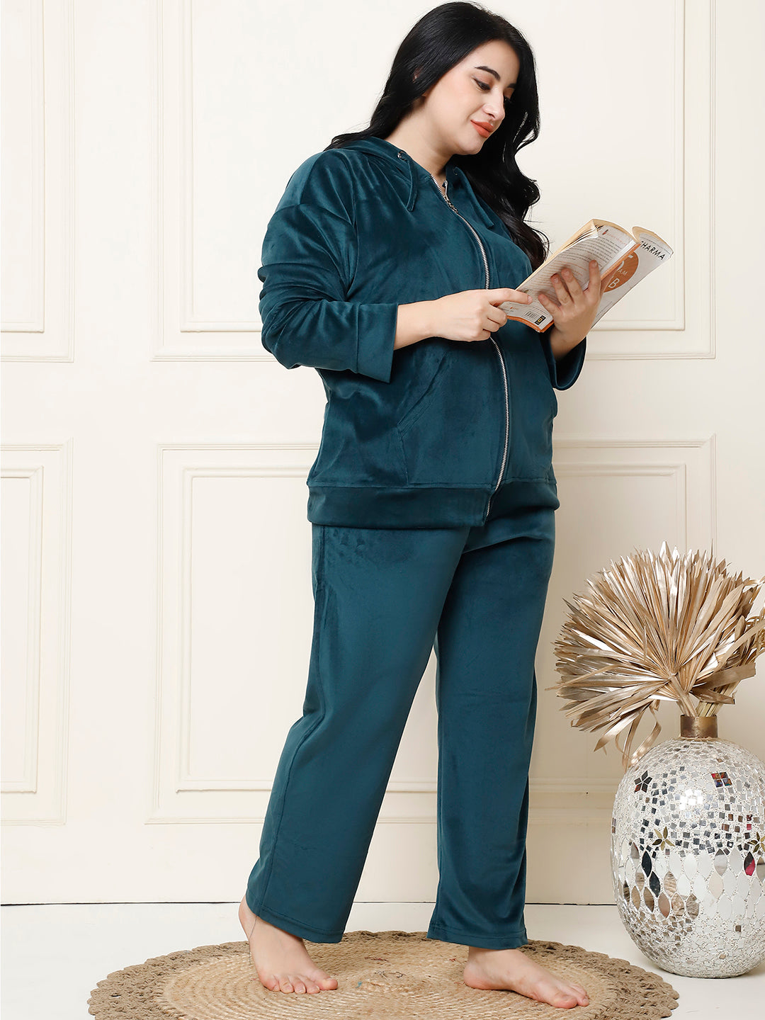 Bottle Green Velvet Hoodie Lounge Set