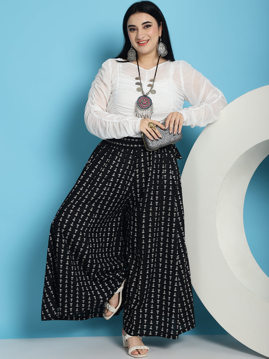 Black Printed Cotton Flared Kali Palazzo