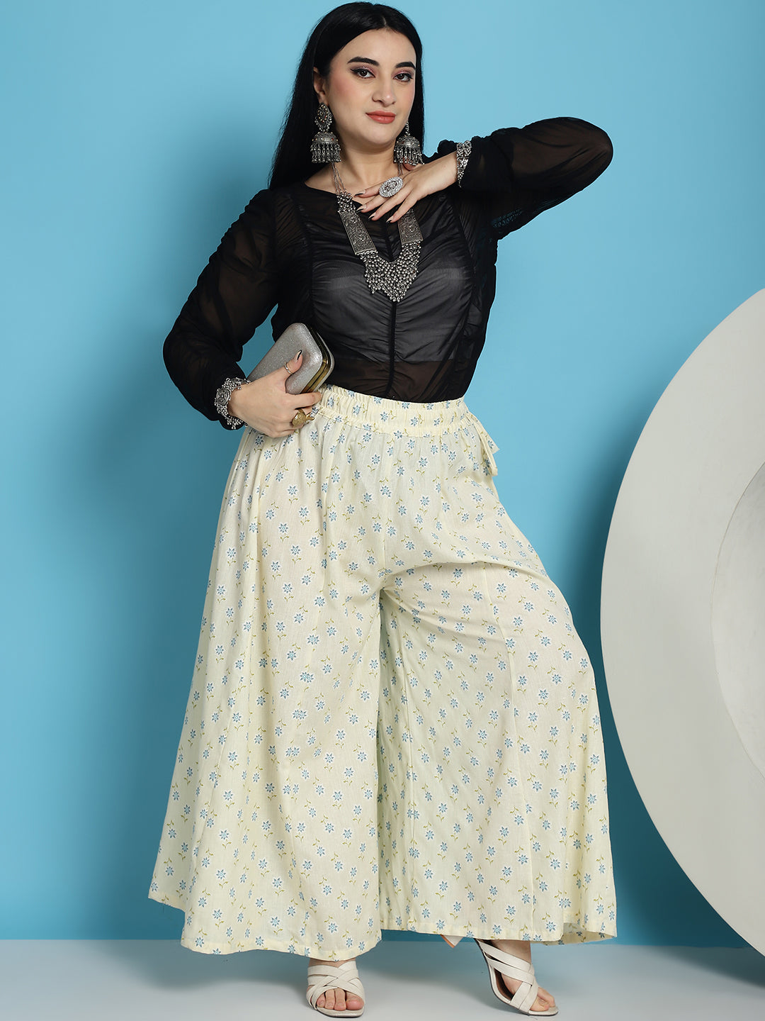 White Cotton Flax Floral Print Flared Kali Palazzo
