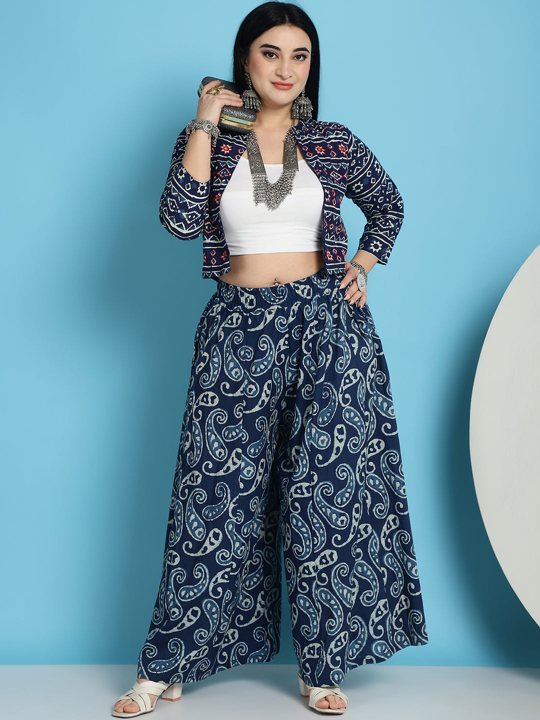 Blue Paisley Printed Cotton Flared Kali Palazzo