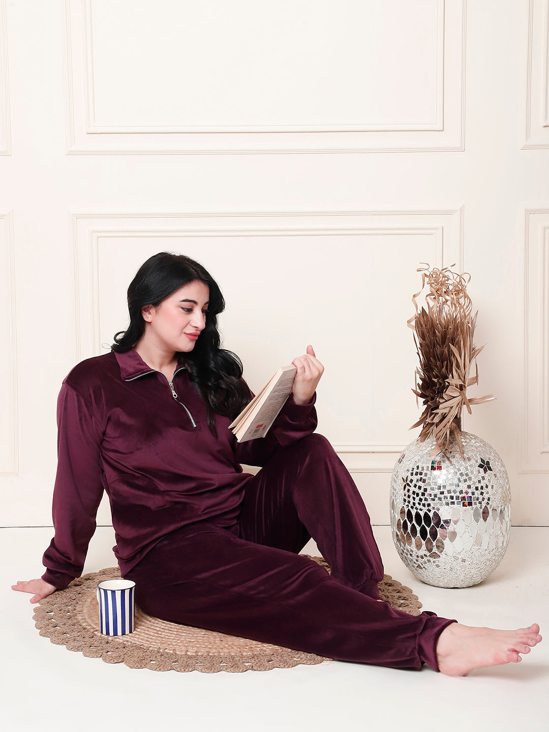 Wine Velvet Zip Lounge Set