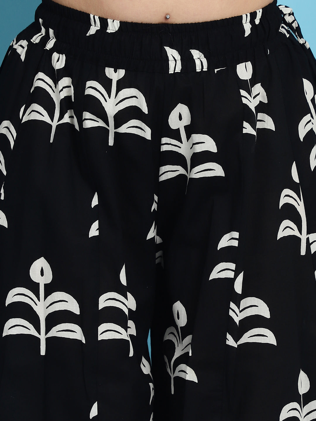 Black Block Print Cotton Flared Kali Palazzo