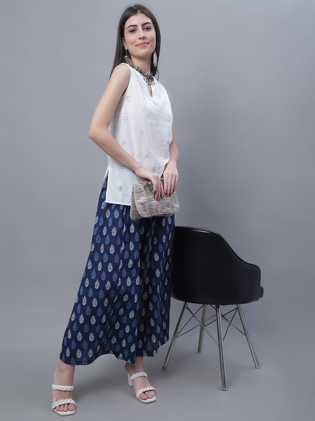 Indigo Blue Leaf Cotton Print Flared Palazzo