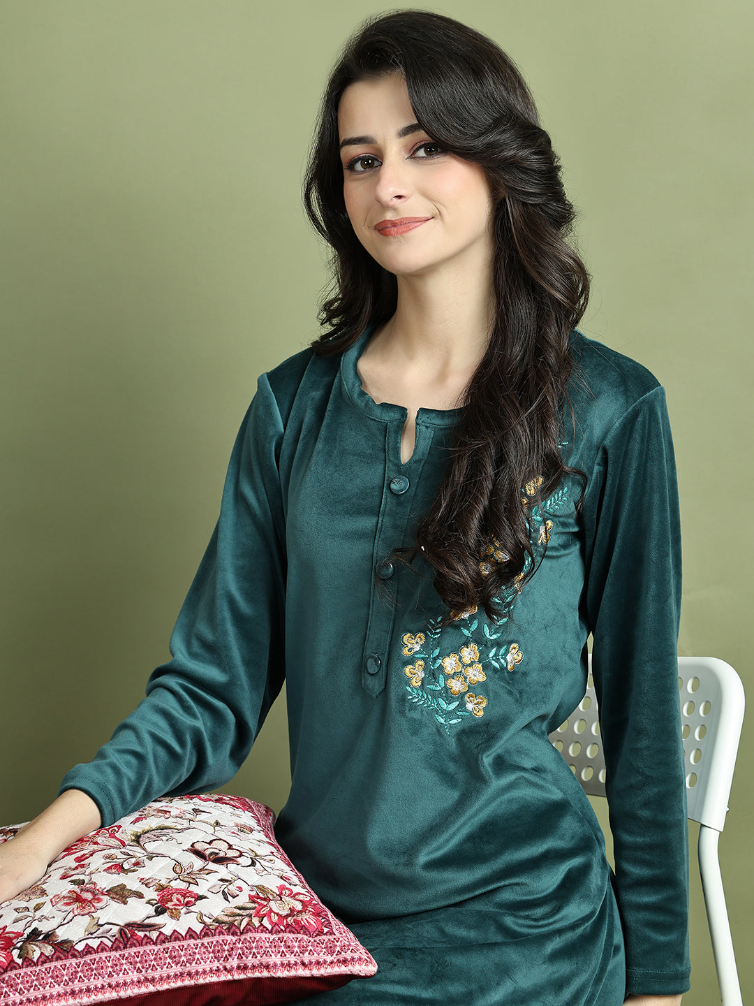 Bottle Green Embroidery Velvet Lounge Set