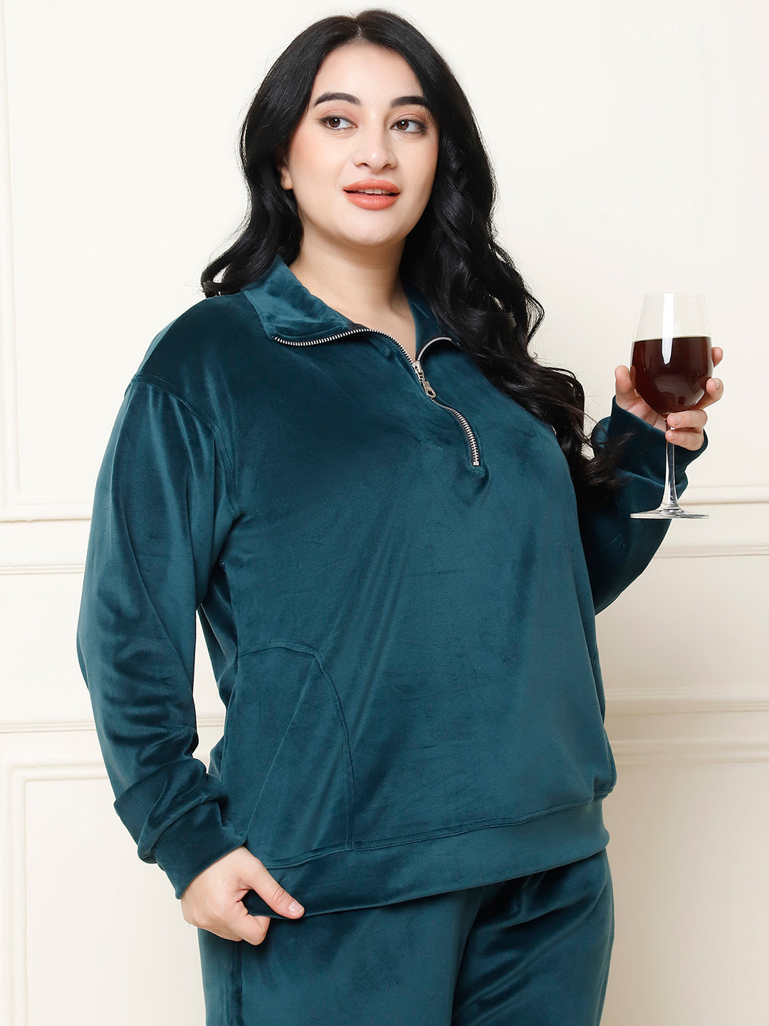 Bottle Green Velvet Zip Lounge Set