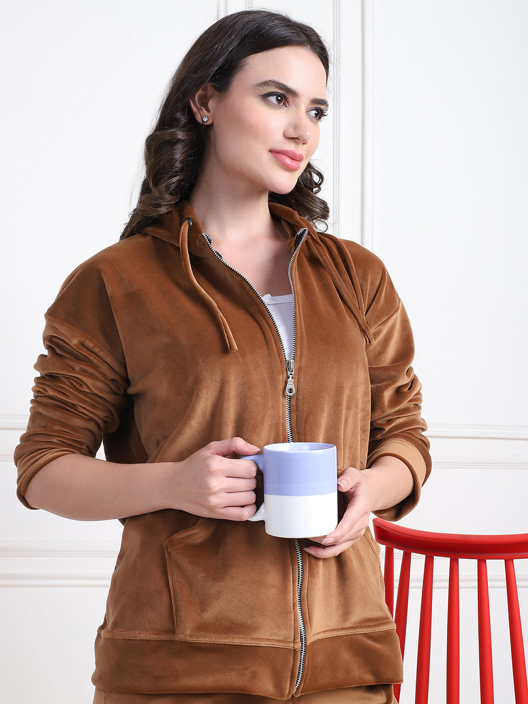 Camel Brown Velvet Hoodie Lounge Set