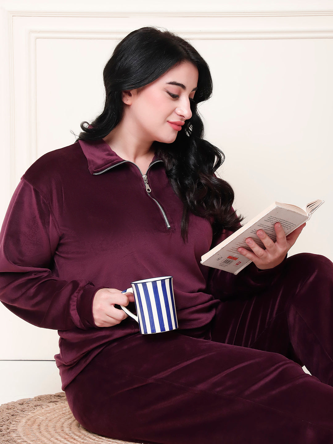 Wine Velvet Zip Lounge Set