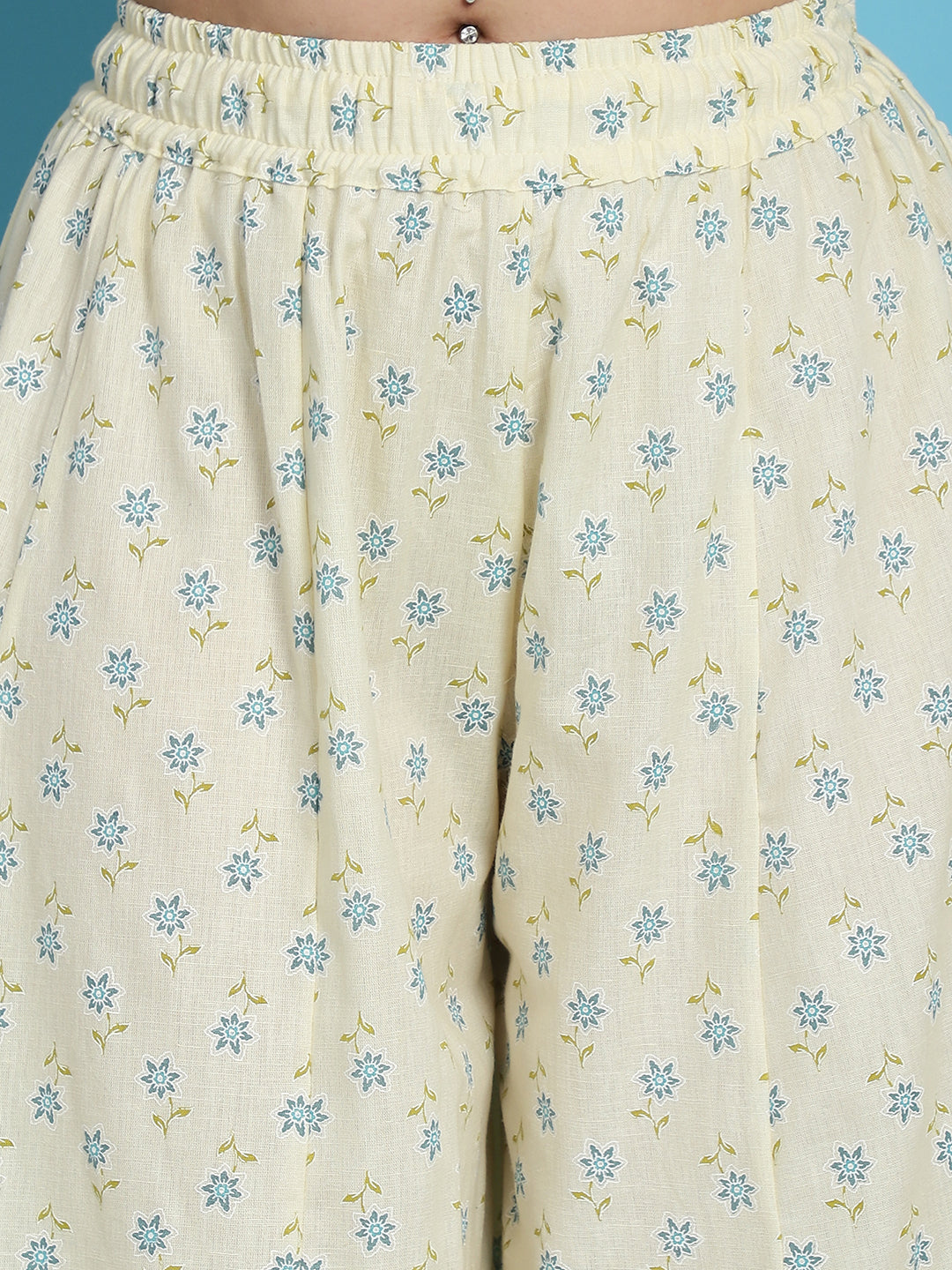 White Cotton Flax Floral Print Flared Kali Palazzo