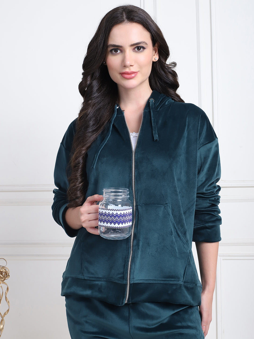 Bottle Green Velvet Hoodie Lounge Set