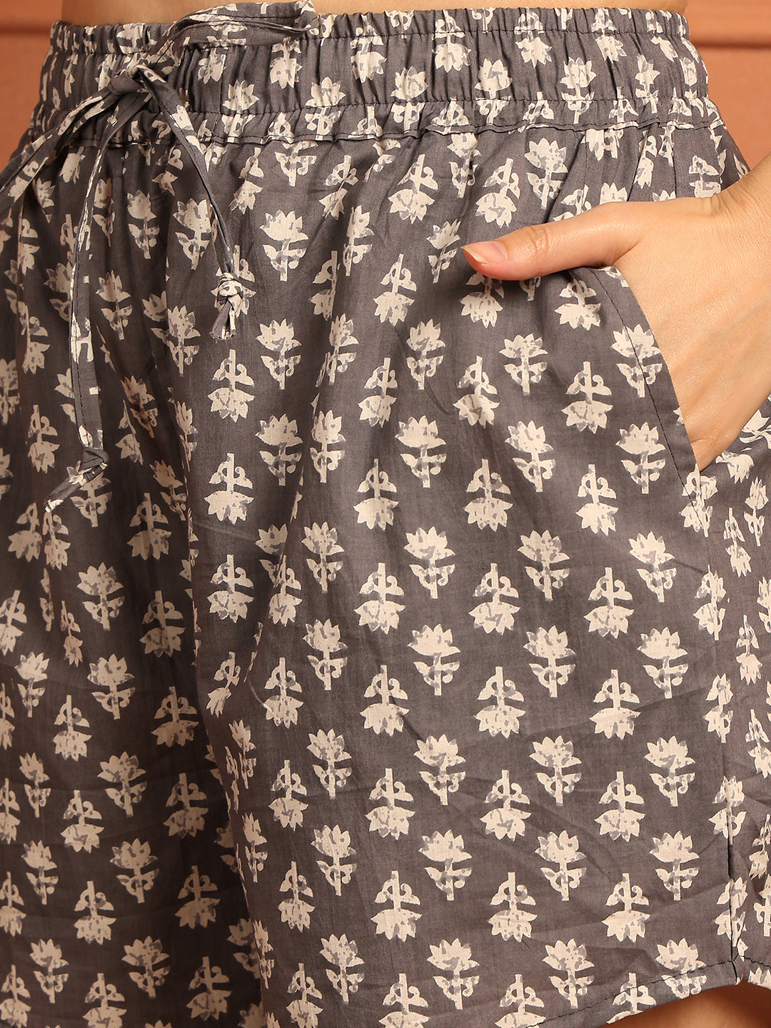 Grey Print Cotton Lounge Shorts