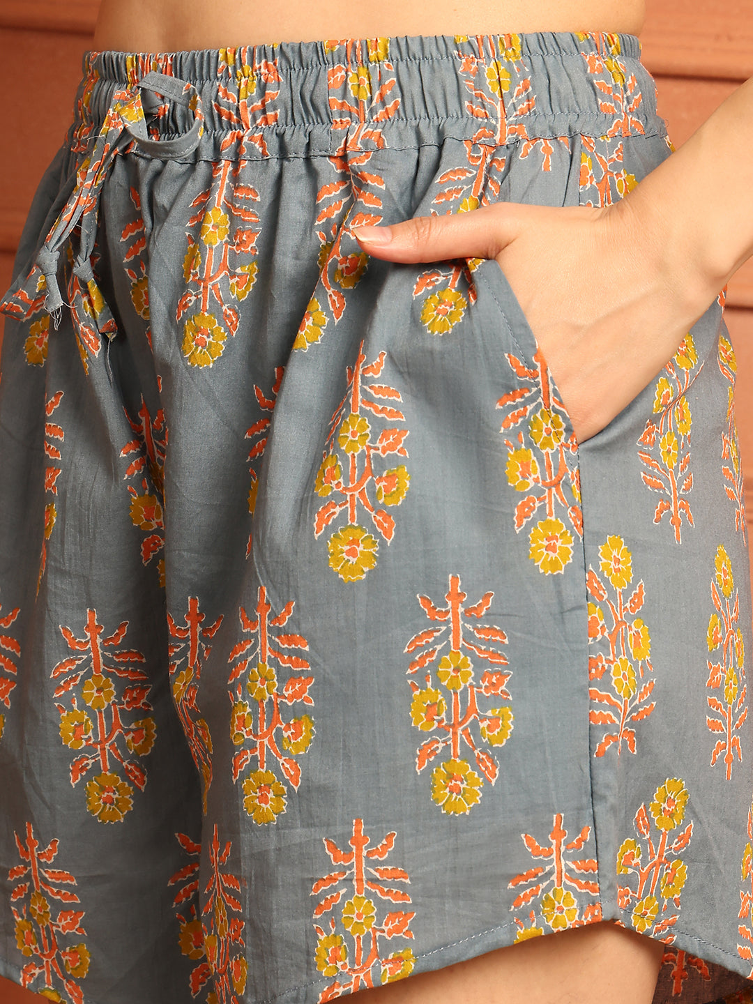 Blue Block Print Cotton Lounge Shorts