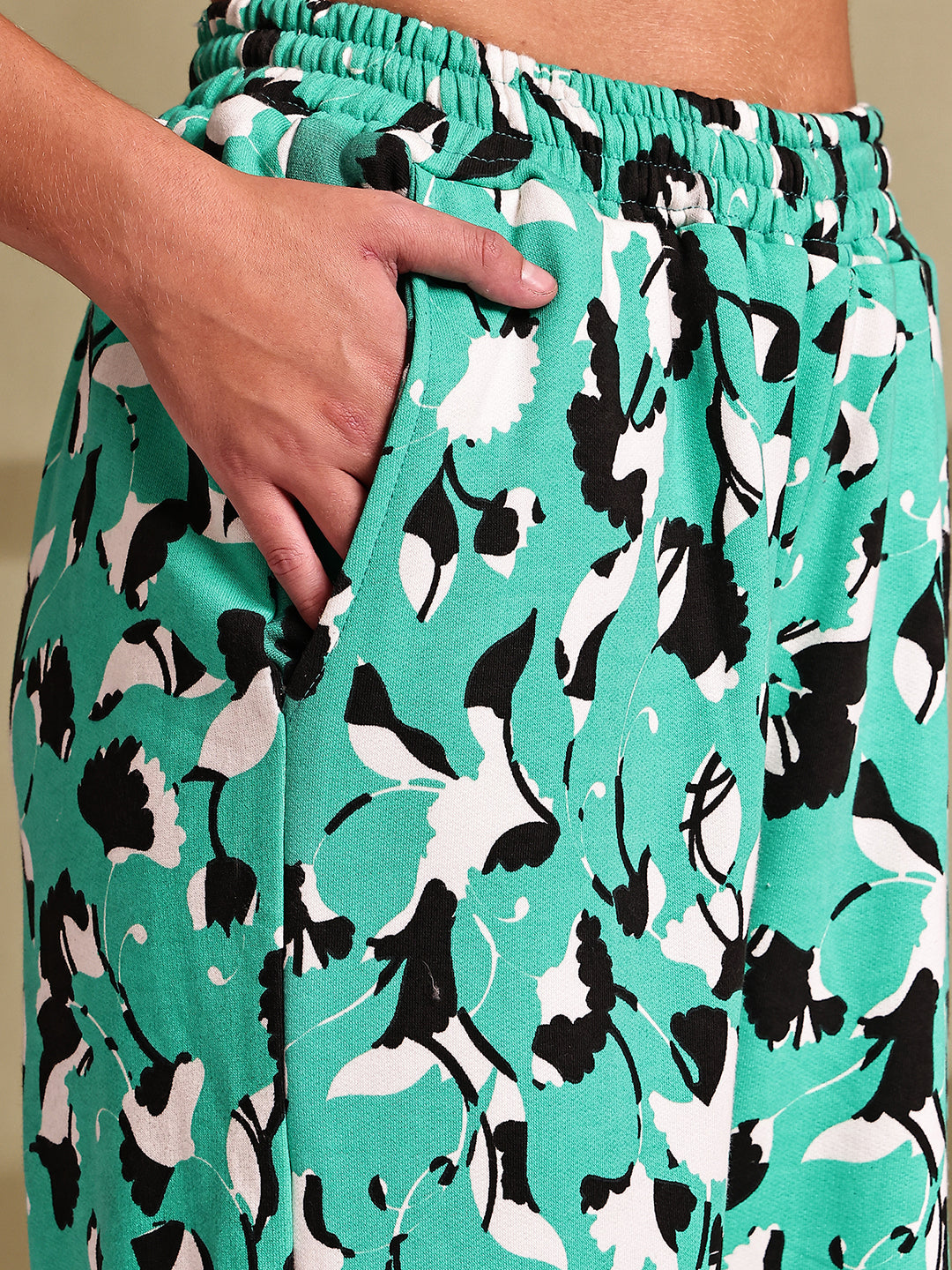 Green Floral Terry Cotton Hosiery Lounge Pant
