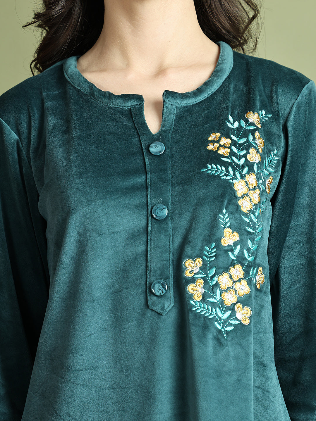 Bottle Green Embroidery Velvet Lounge Set