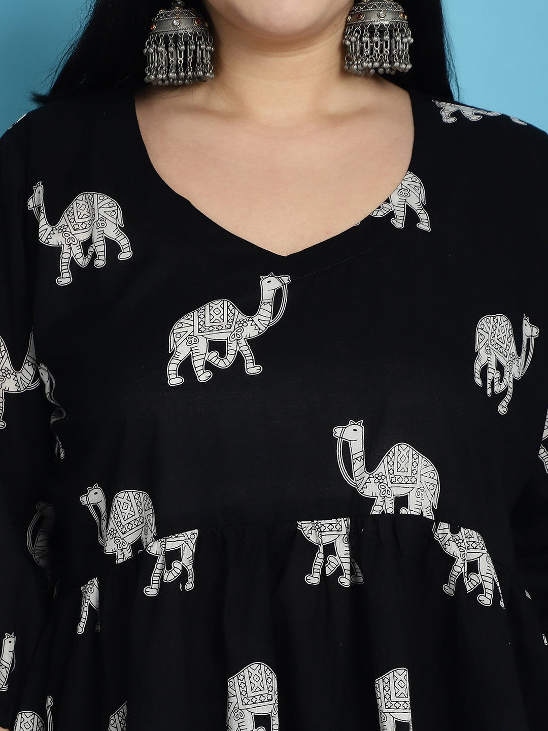 Plus Size Black Camel Print Cotton Peplum With Pant Set