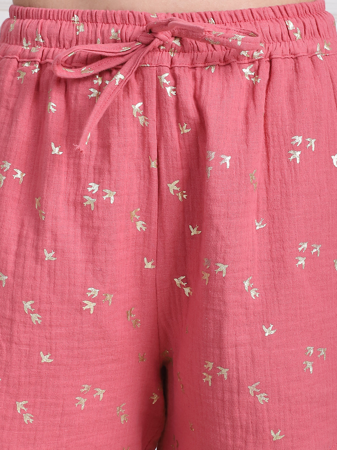 Pink Foil Print And Shorts Set