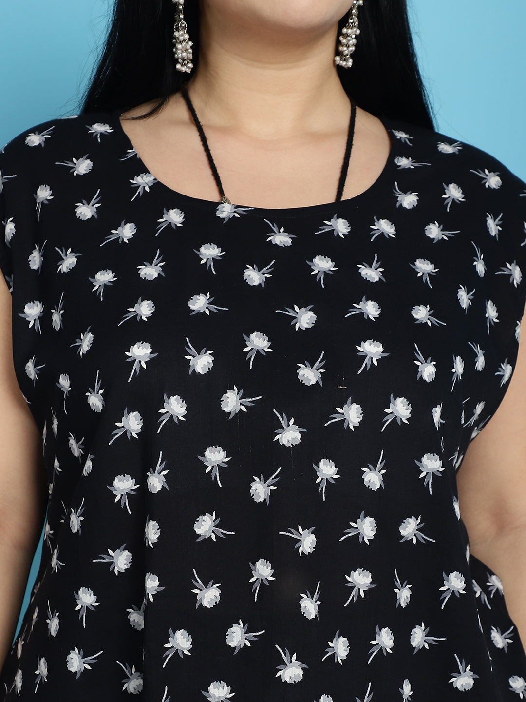 Plus Size Black Floral Print Cotton Slip And Shrug With Pant Set
