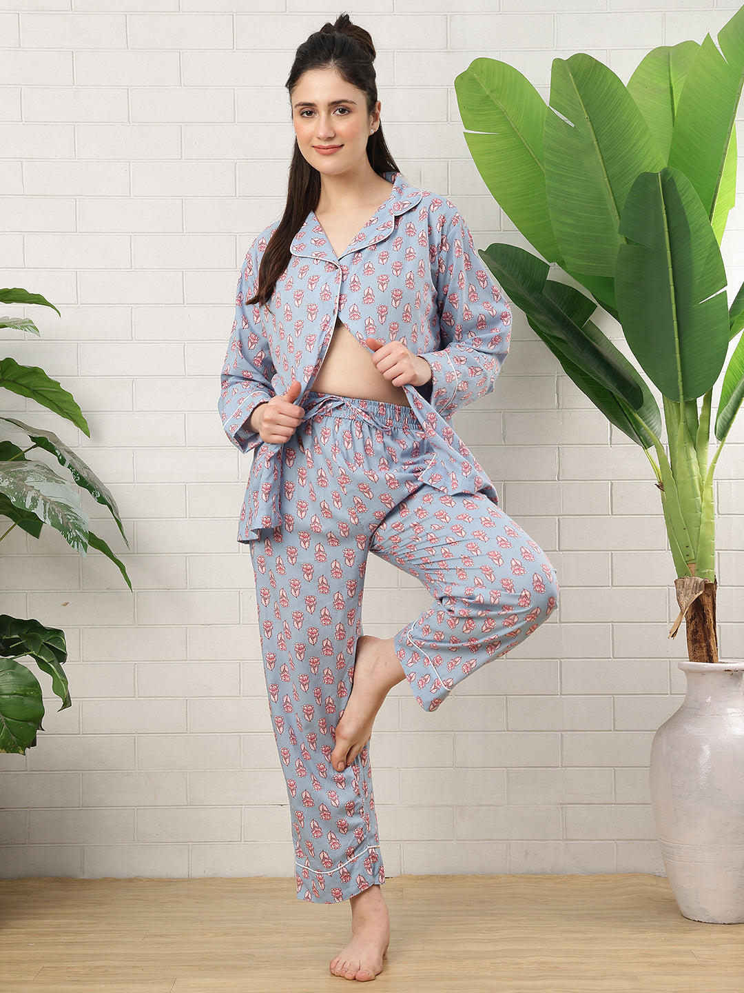 Blue Lotus Booti Collar Night Suit