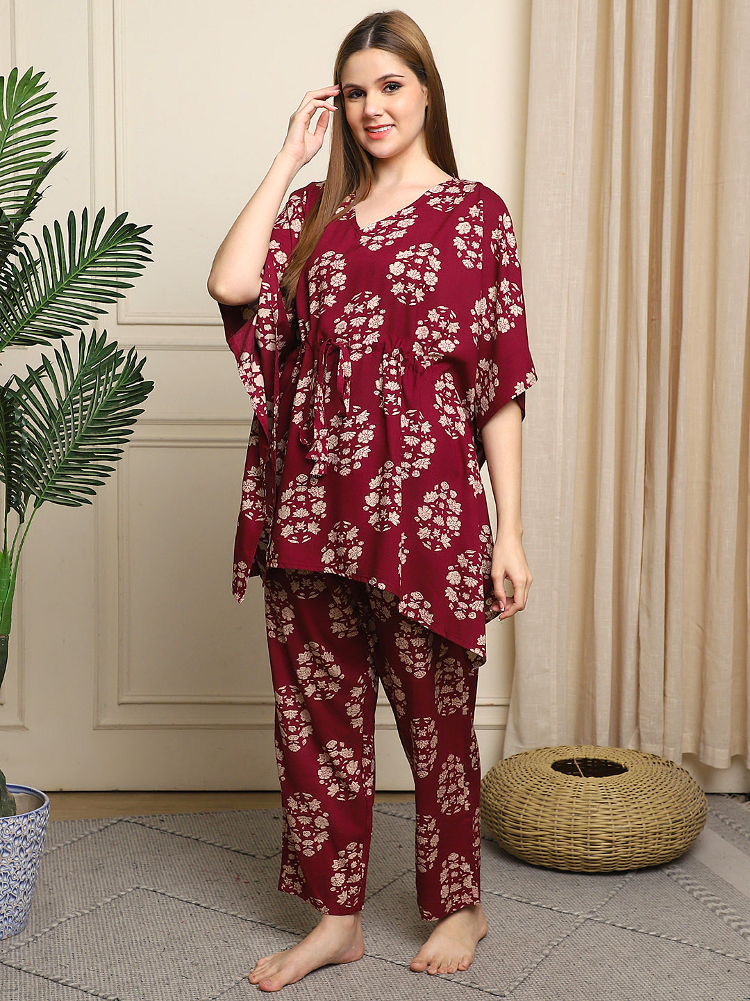 Burgundy Flower Bunch Rayon Kaftan