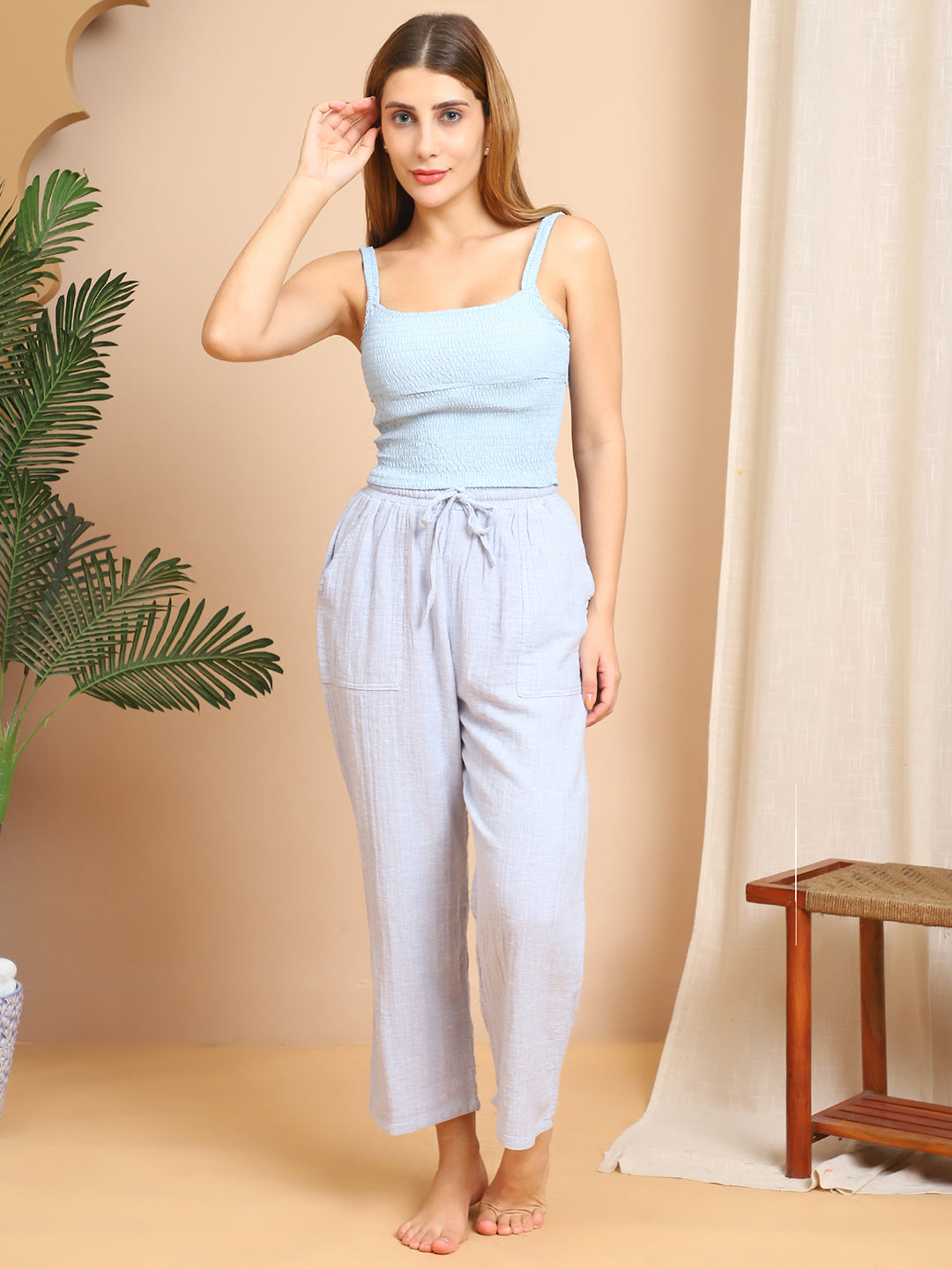 Light Blue Double Cloth Cotton Lounge Pant