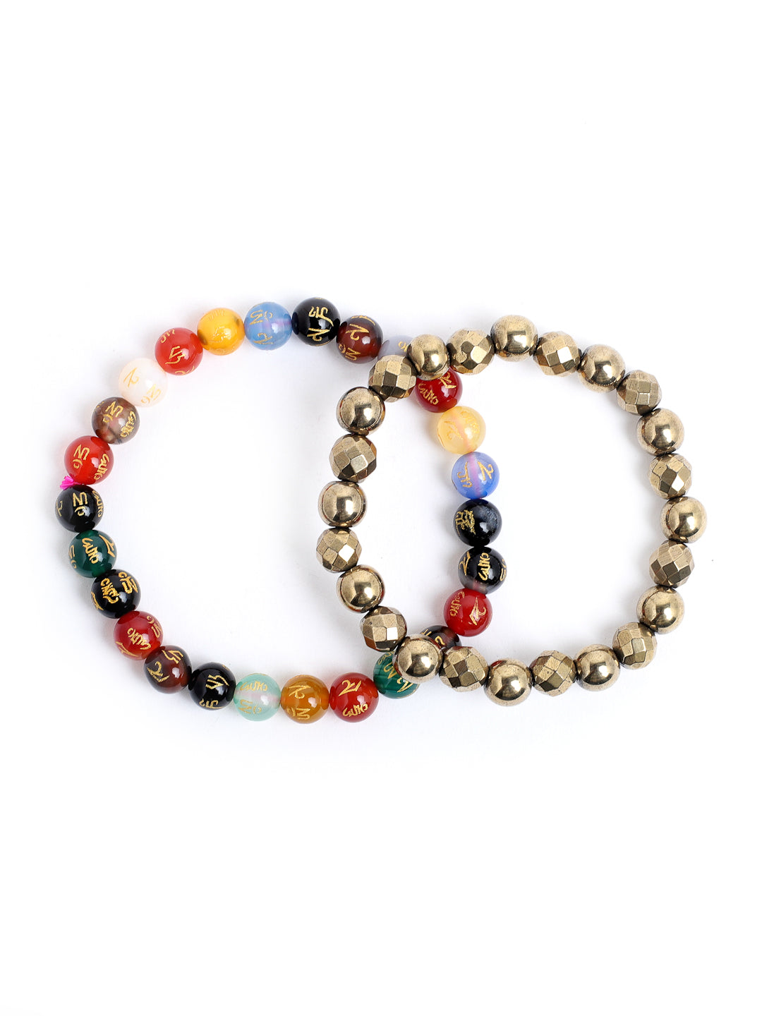 Combo Of Golden Pyrite And Om Mani Multi Semi Precious Stone Bracelet