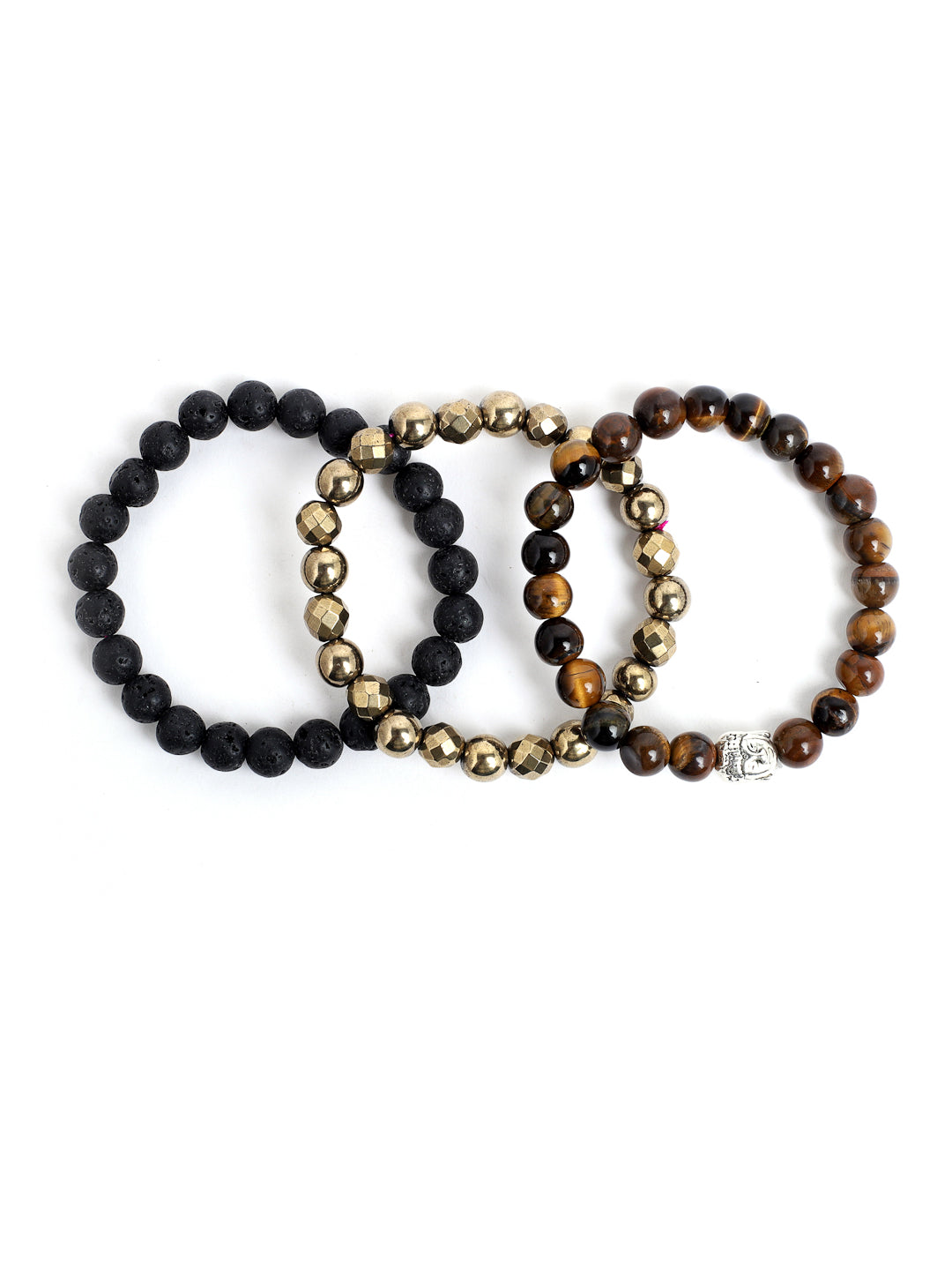Combo Of Lawa, Golden Pyrite And Tiger Eye Semi Precious Stone Bracelet