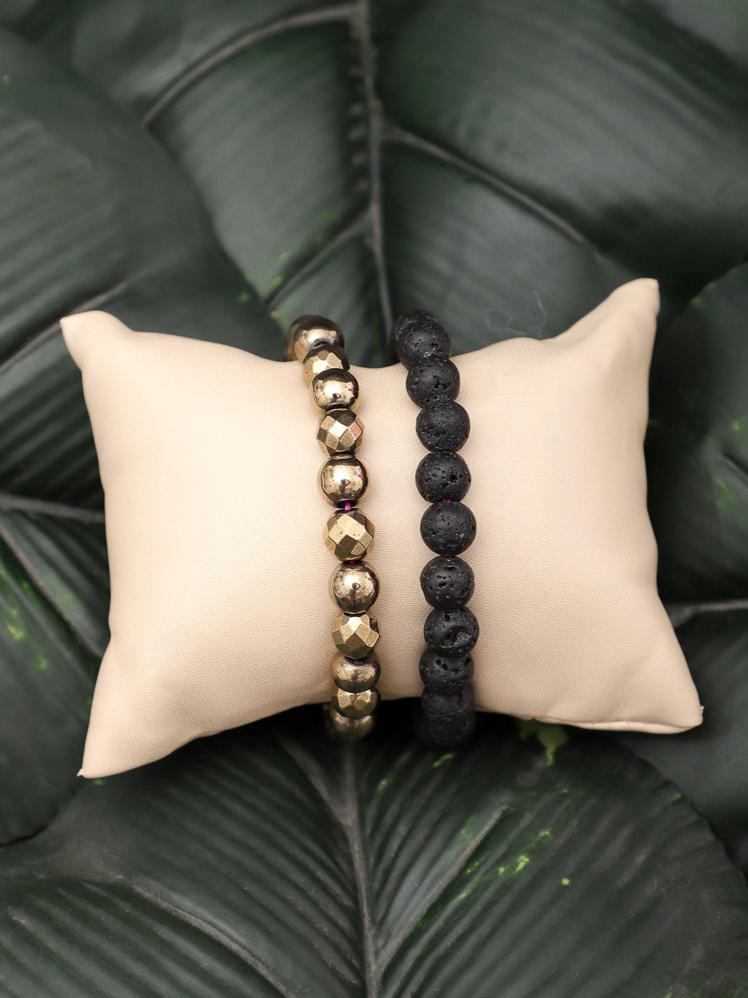 Combo Of Golden Pyrite And Lawa Semi Precious Stone Bracelet
