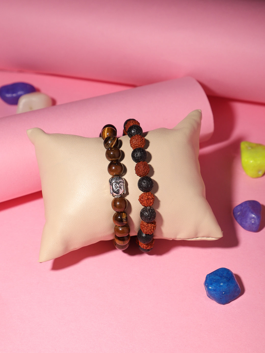 Combo Of Tiger Eye And Lawa Rudraksh Semi Precious Stone Bracelet