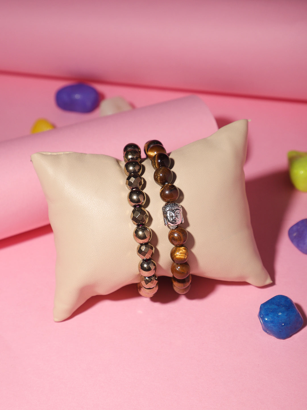 Combo Of Tiger Eye And Golden Pyrite Semi Precious Stone Bracelet