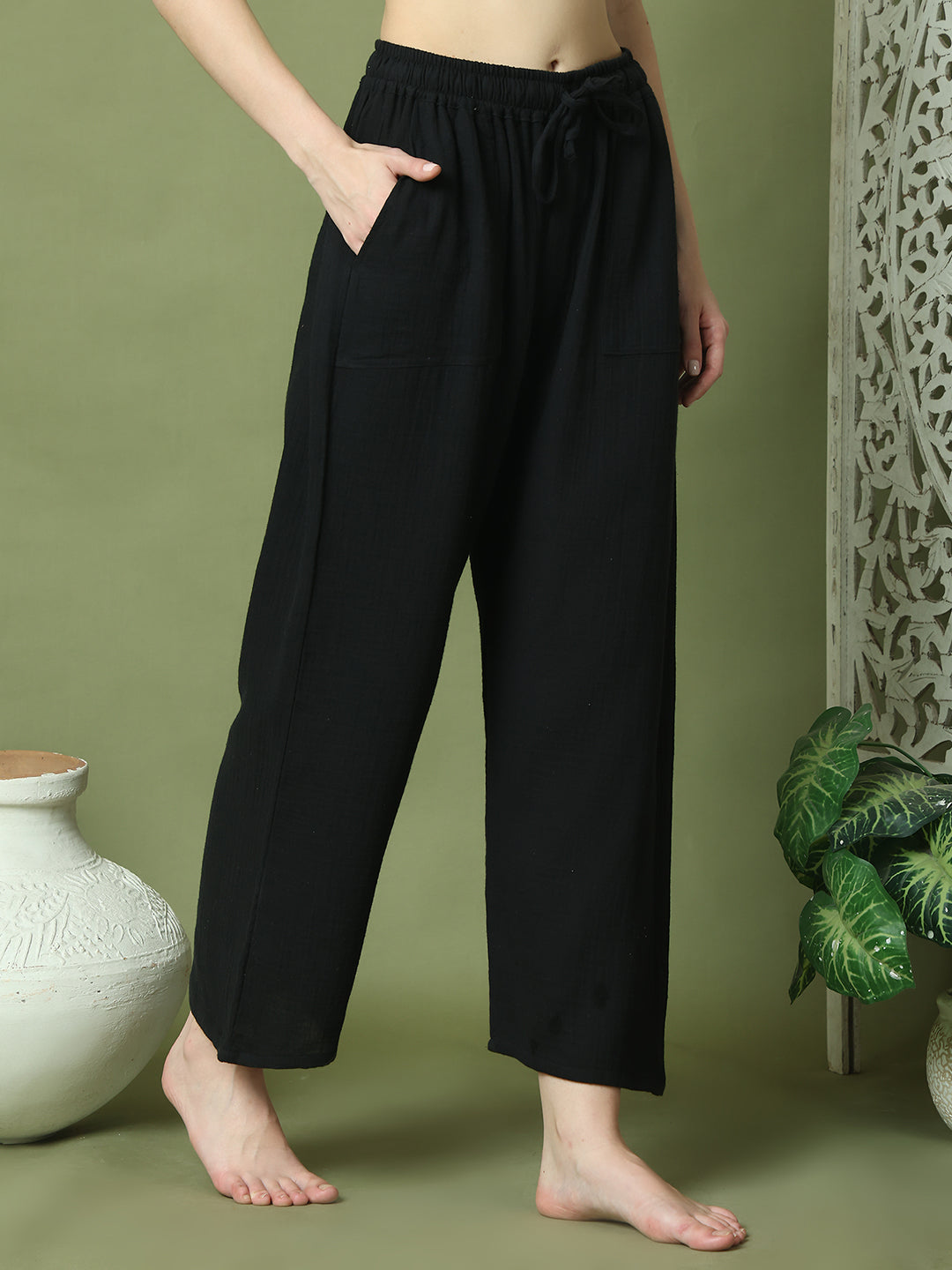 Black Double Cloth Cotton Lounge Pant