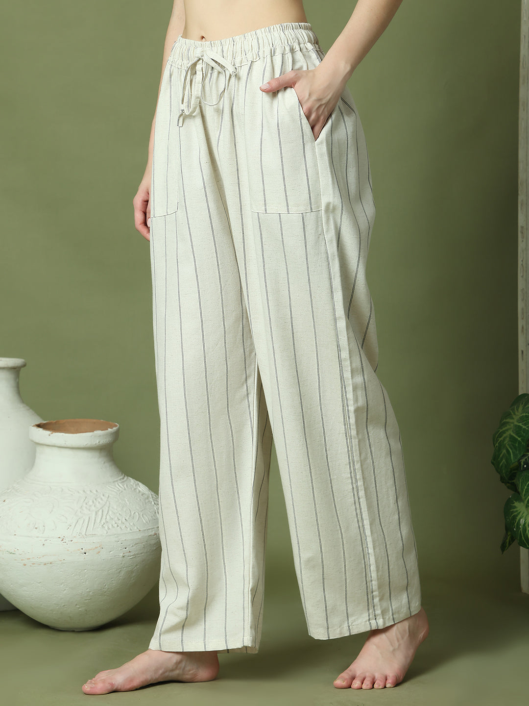 White Striped Cotton Linen Lounge Pant