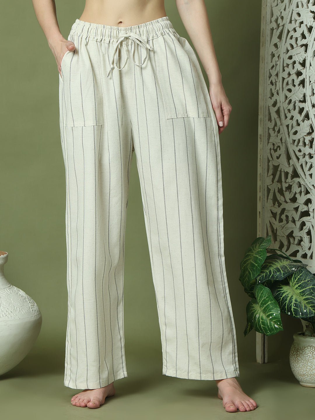 White Striped Cotton Linen Lounge Pant