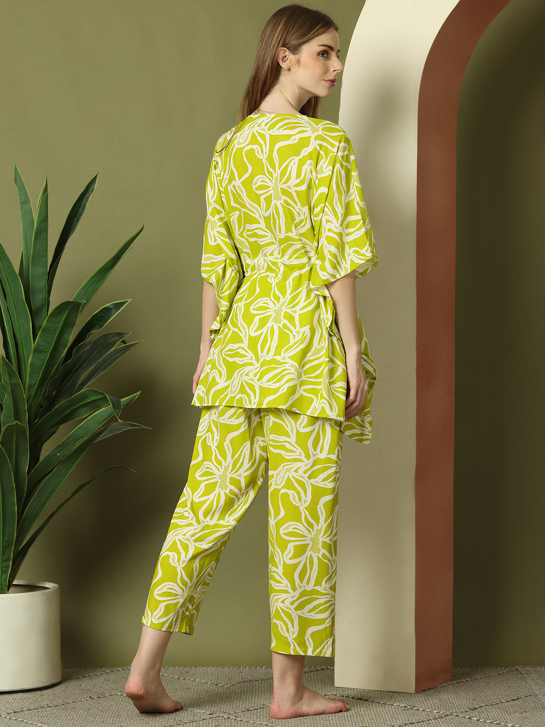 Green Floral Rayon Kaftan Set