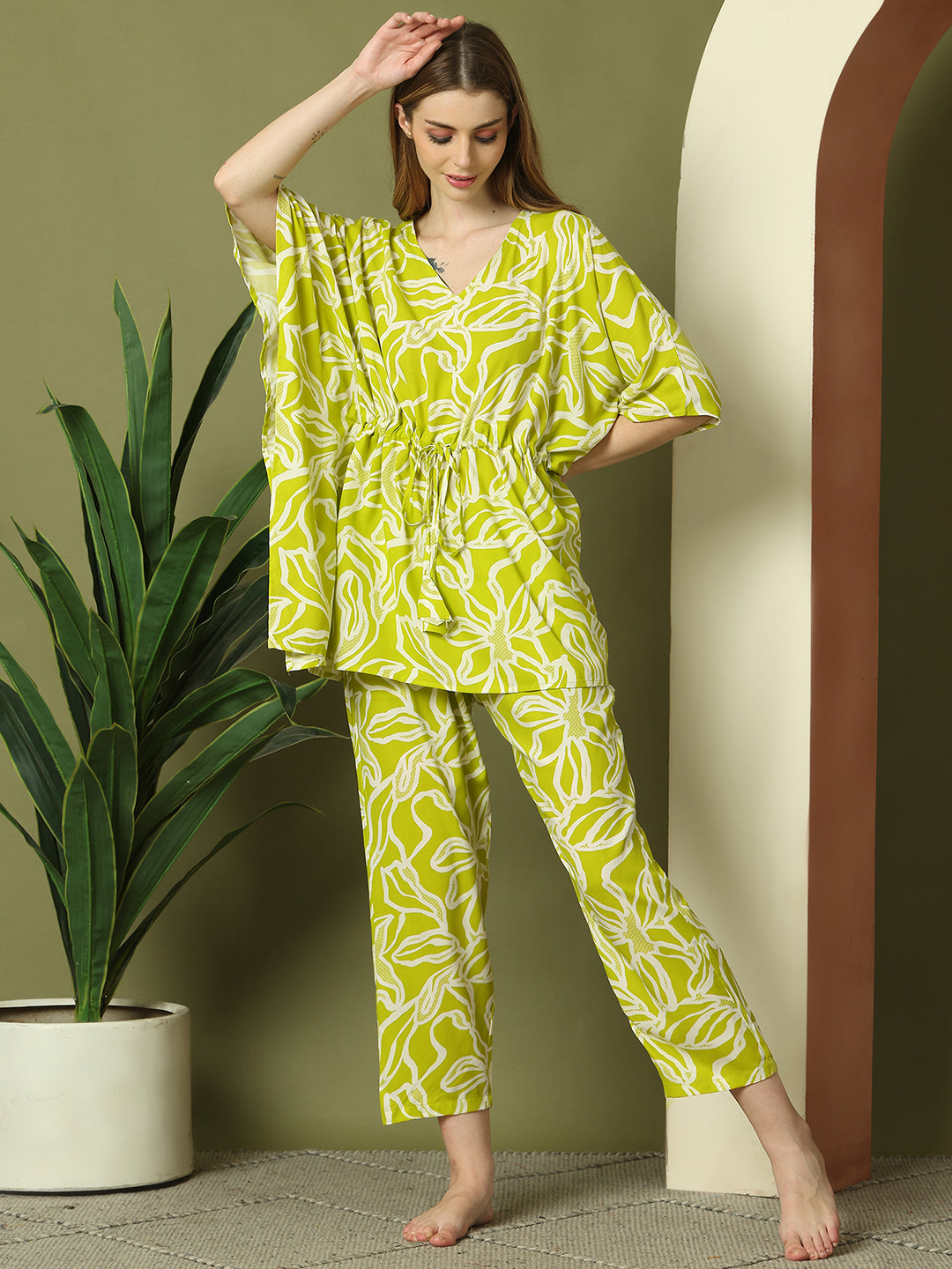 Green Floral Rayon Kaftan Set