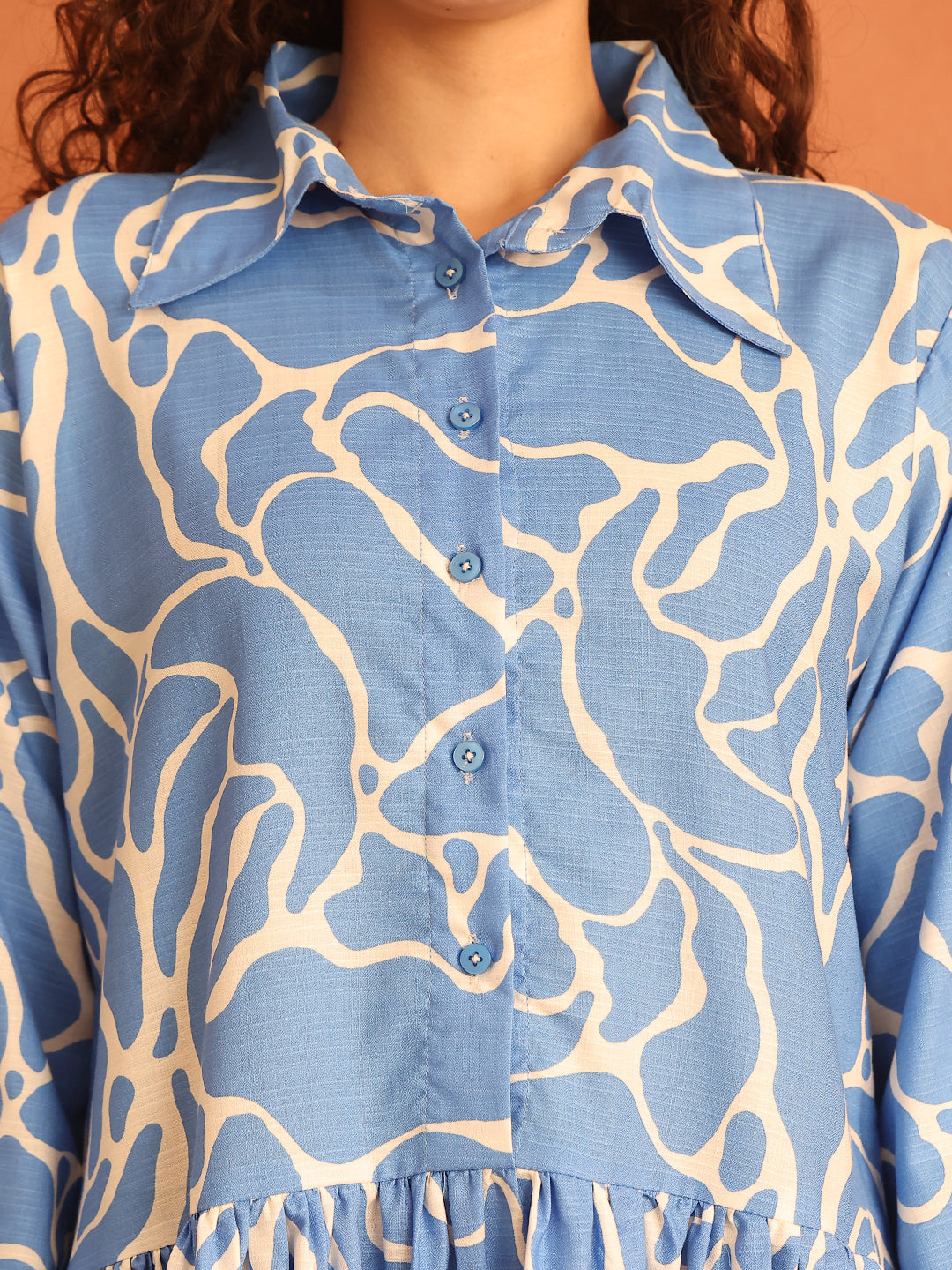 Wavy Blue Rayon Shirt Dress