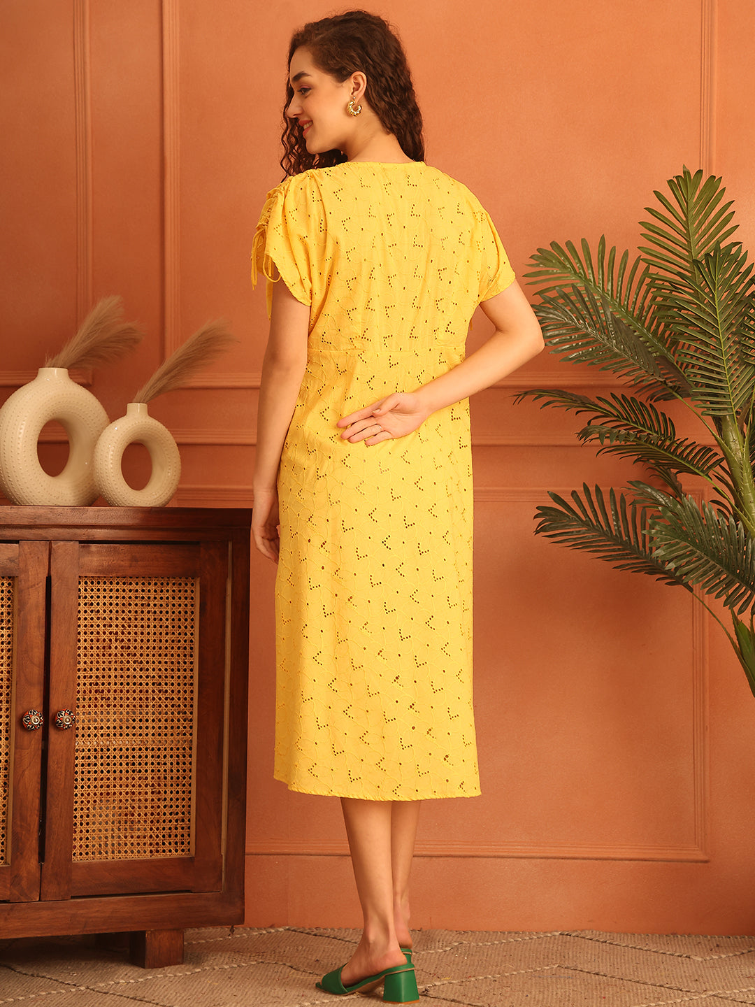 Lemon Yellow Cotton Schiffli Long Dress