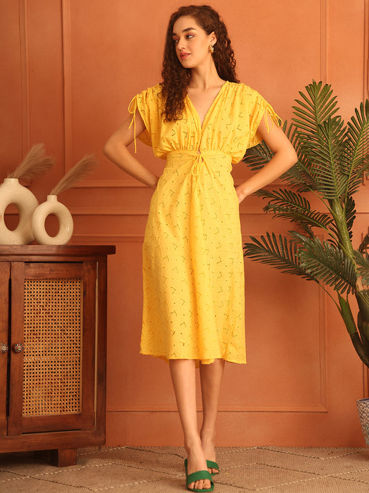 Lemon Yellow Cotton Schiffli Long Dress