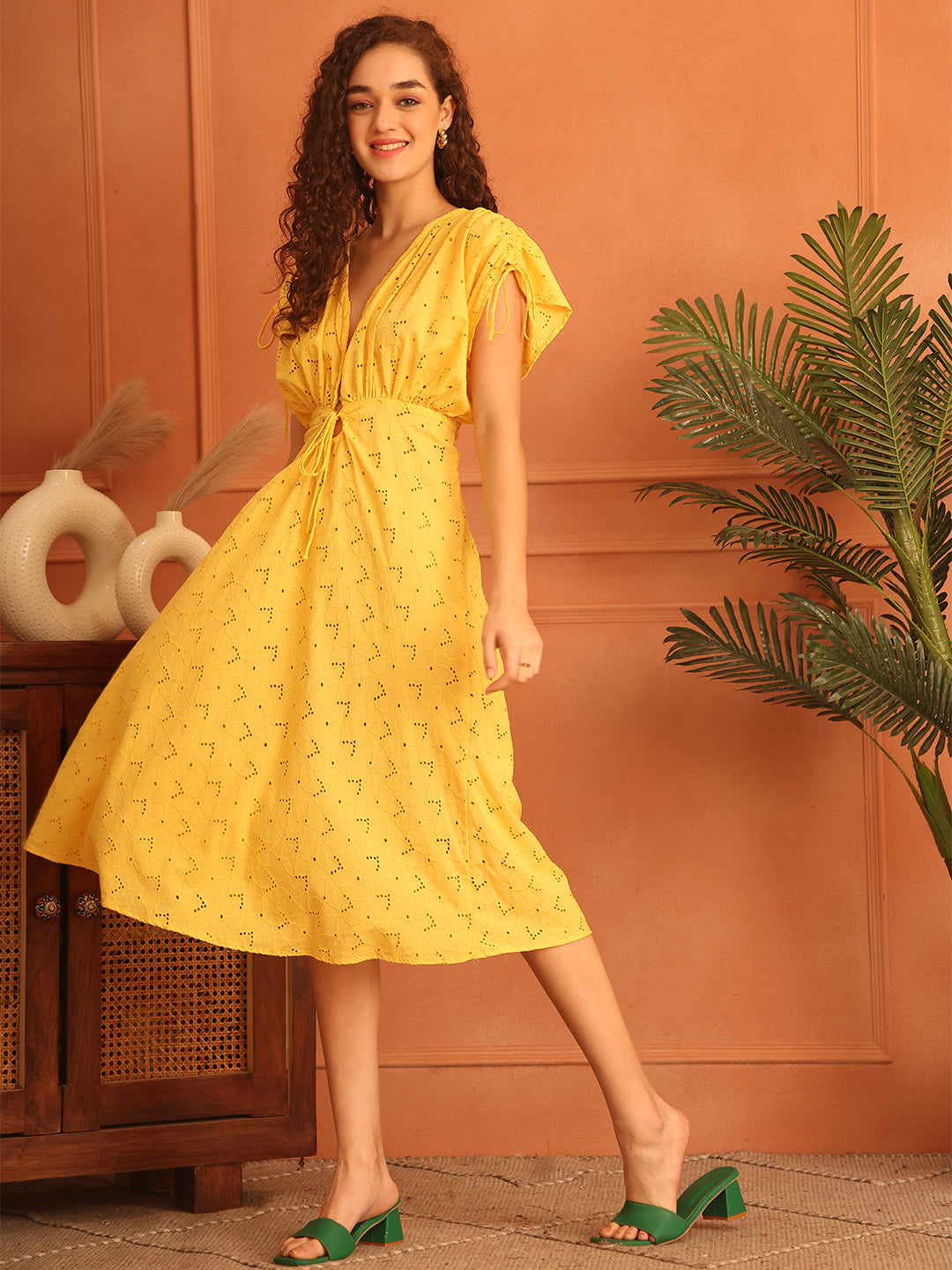 Lemon Yellow Cotton Schiffli Long Dress
