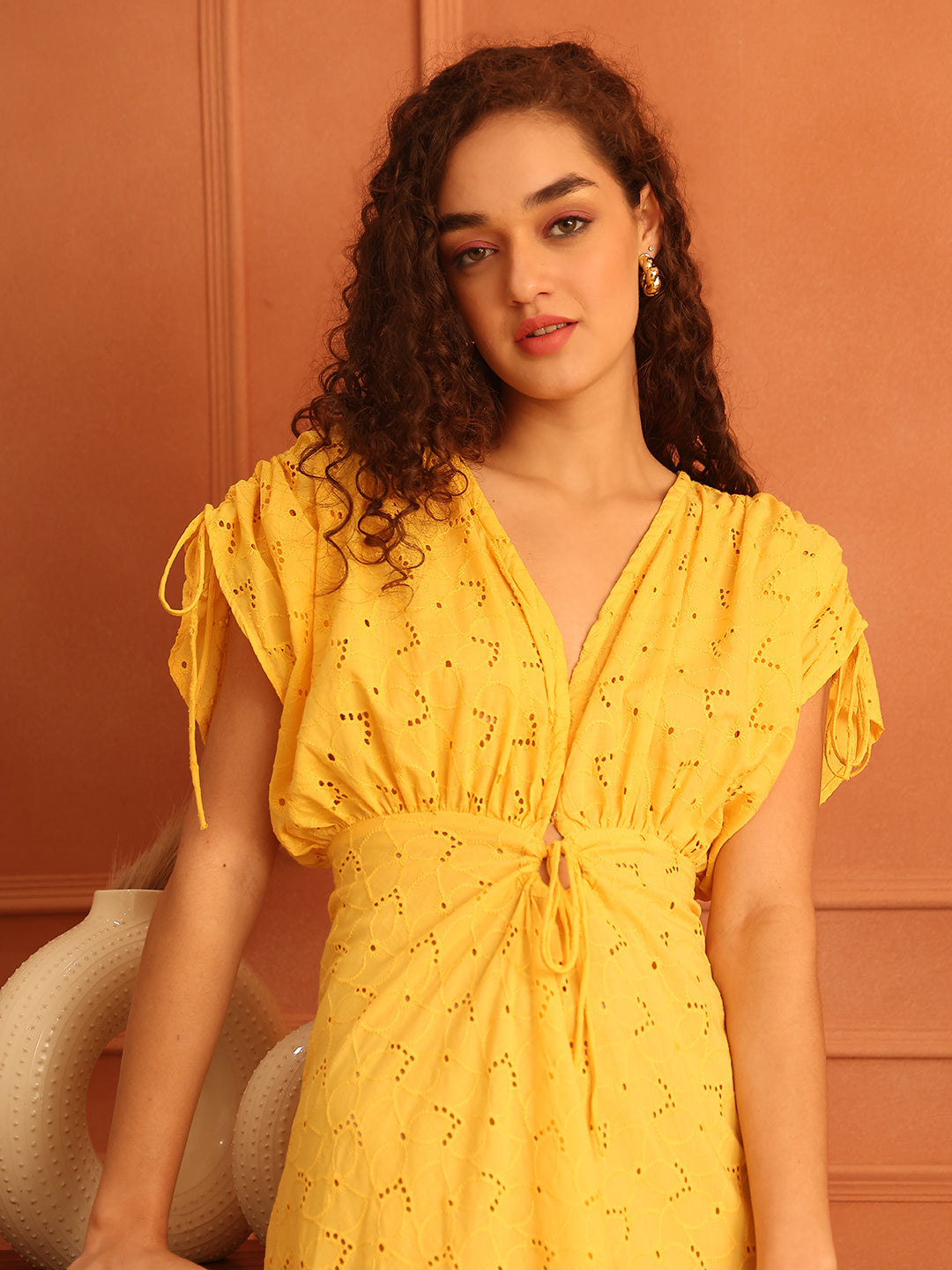 Lemon Yellow Cotton Schiffli Long Dress