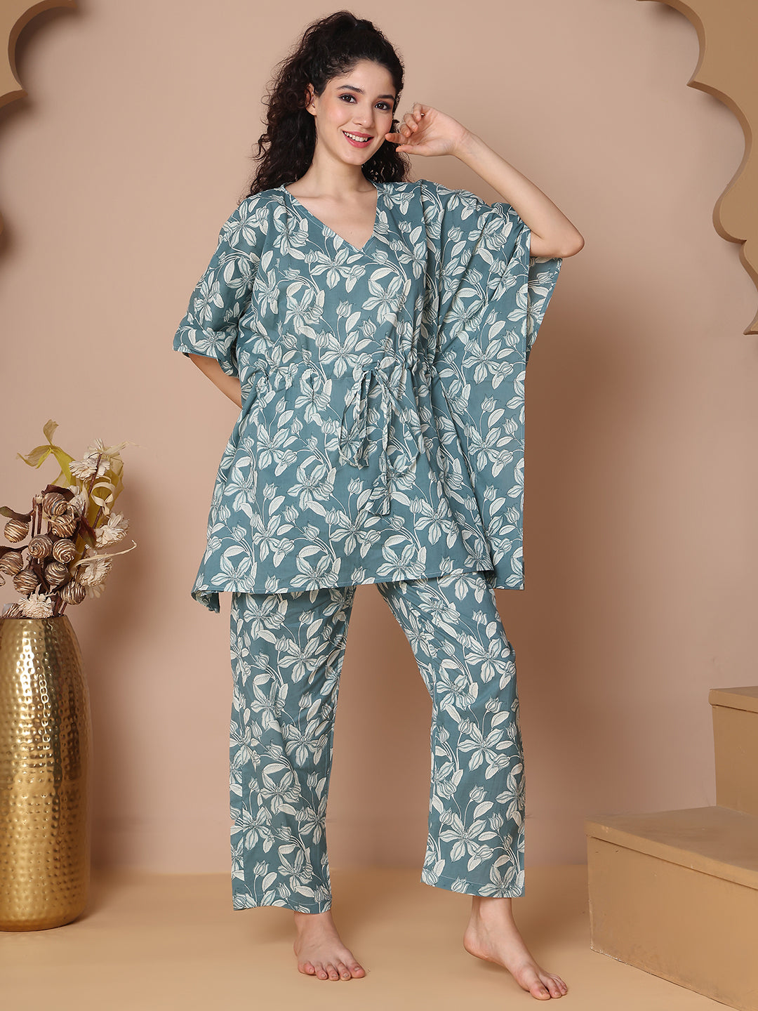 Rama Floral Jaal Cotton Kaftan