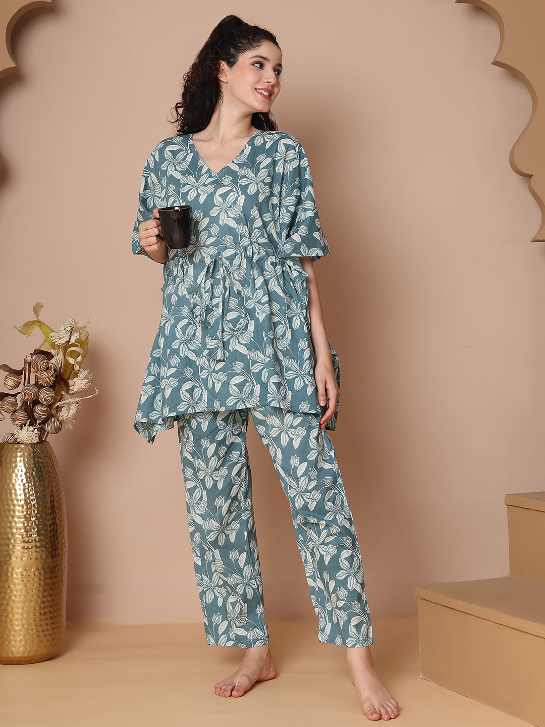 Rama Floral Jaal Cotton Kaftan