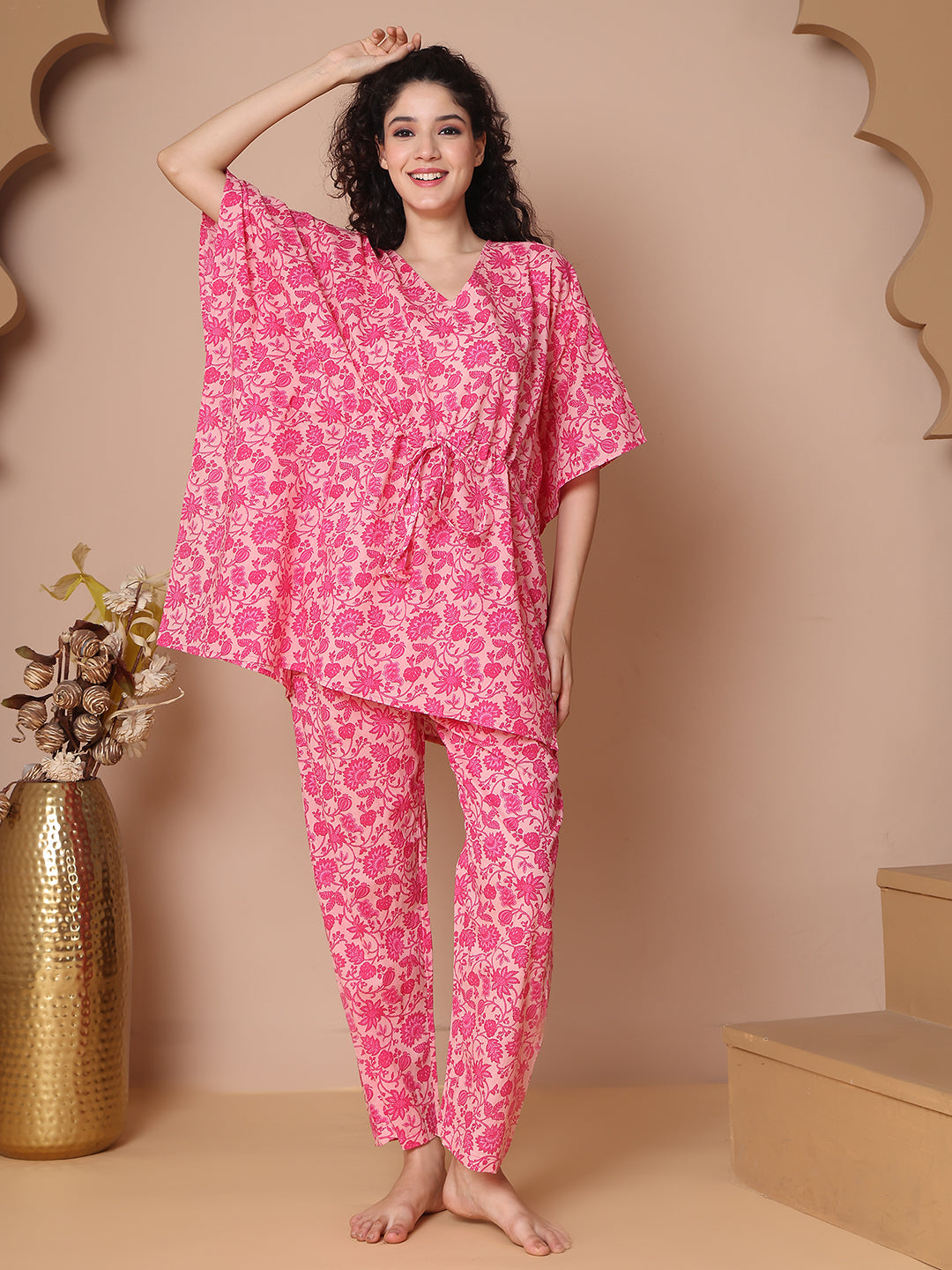 Gulabi Jaal Cotton Kaftan