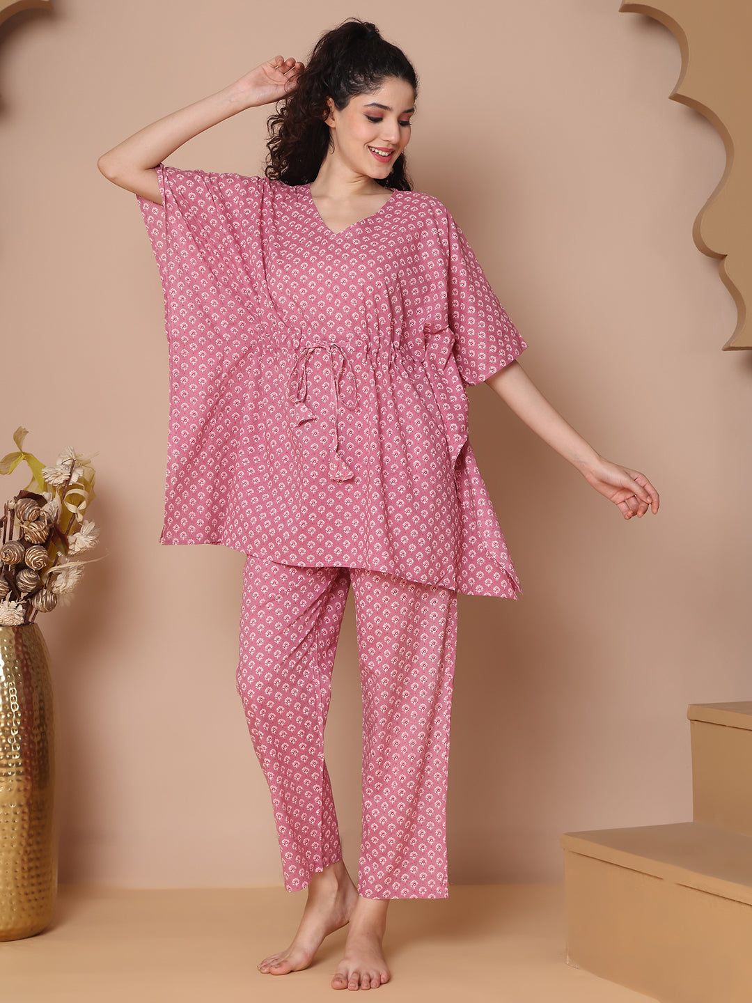 Blush Pink Booti Cotton Kaftan