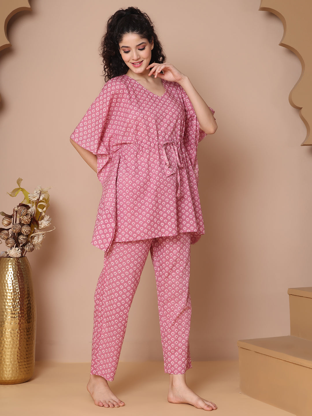 Blush Pink Booti Cotton Kaftan