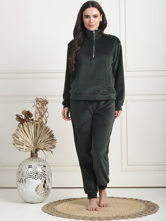 Olive Velvet Zip Lounge Set