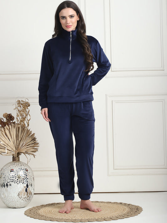 Navy Blue Velvet Zip Lounge Set